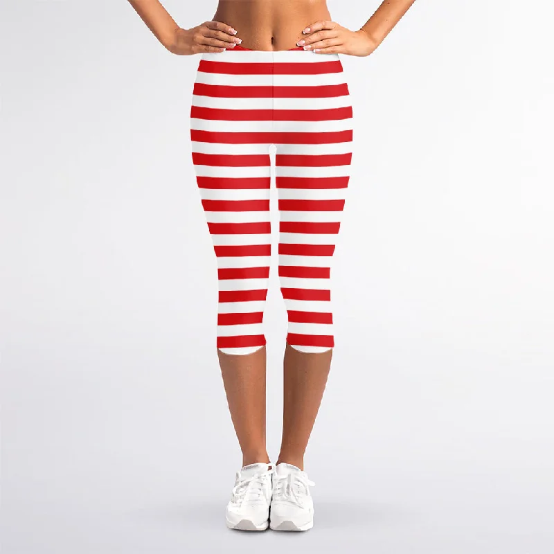 Season Finale Sale Red And White Striped Pattern Print Women's Capri Leggings