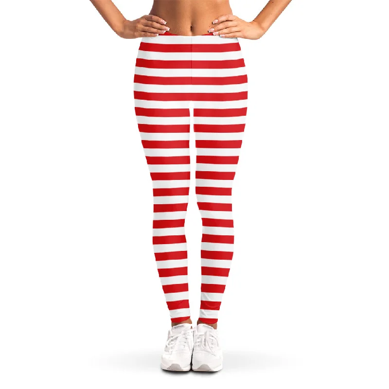 Deal Dash Red And White Striped Pattern Print Women's Leggings