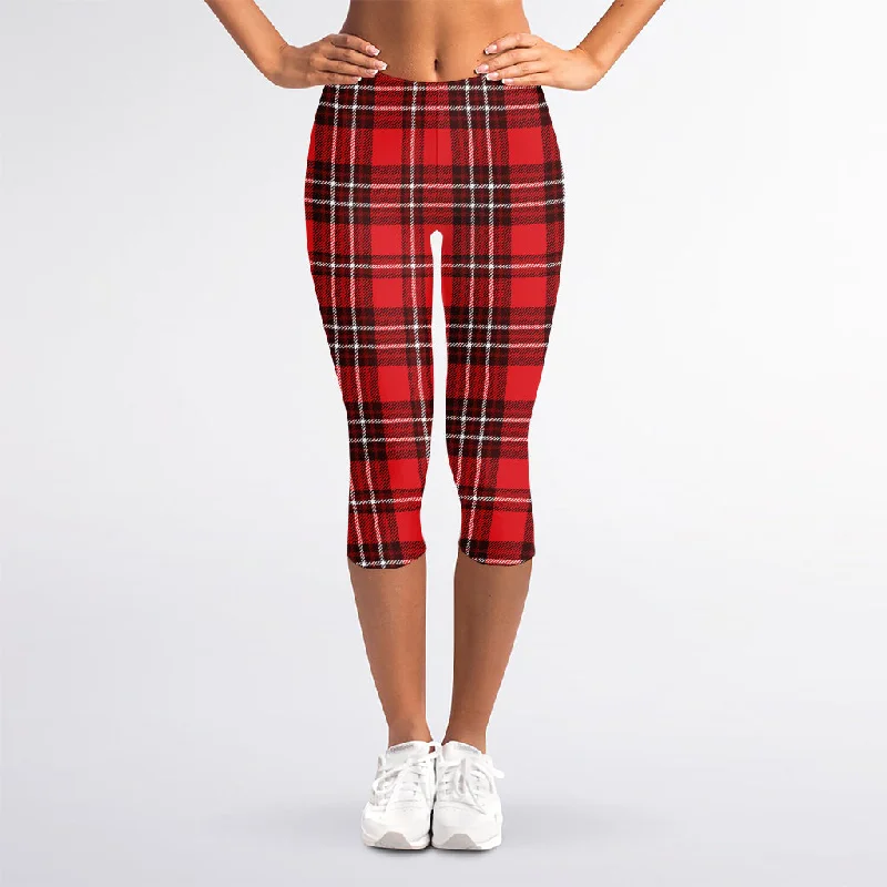 Midnight Sale Red And White Tartan Pattern Print Women's Capri Leggings