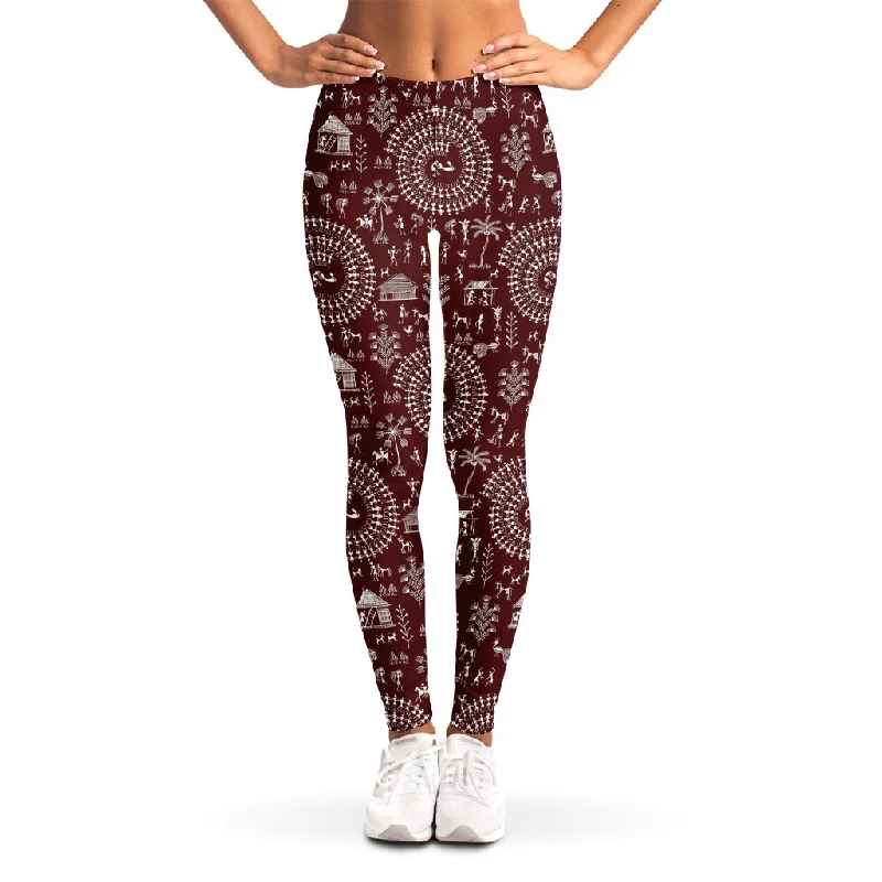 Savings Alert Red And White Warli Tribal Print Women's Leggings