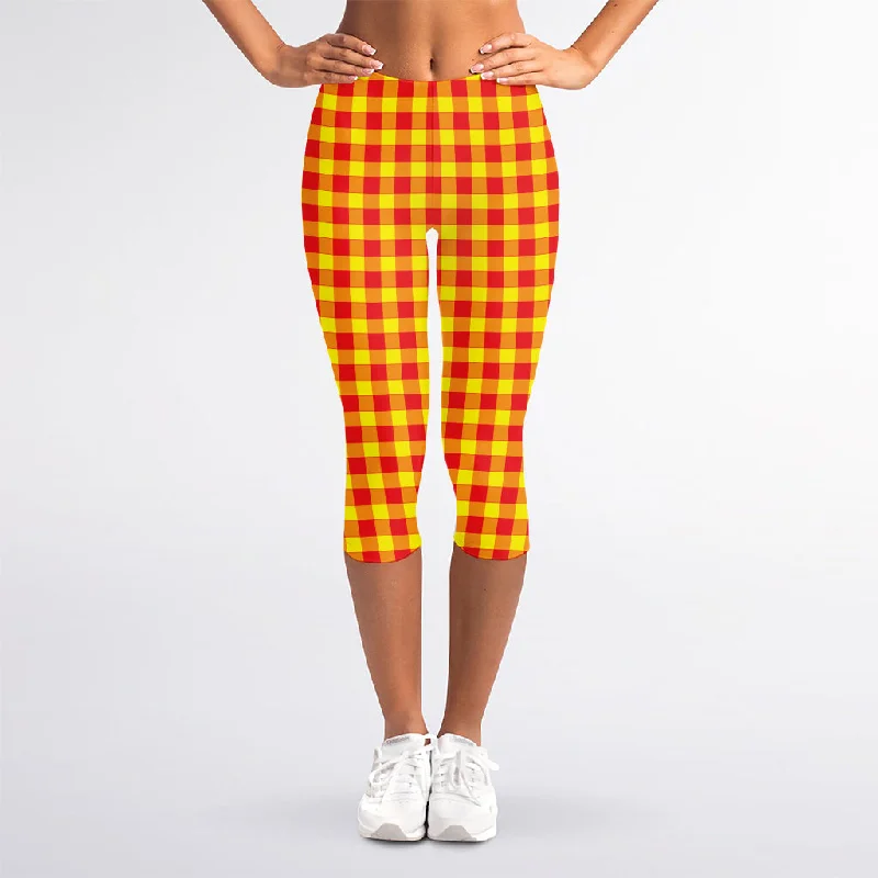 Special Savings Red And Yellow Check Pattern Print Women's Capri Leggings