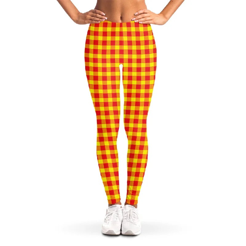 Savings Spectacular Red And Yellow Check Pattern Print Women's Leggings