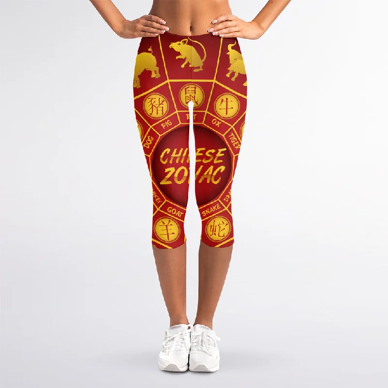 Mega Sale Red And Yellow Chinese Zodiac Print Women's Capri Leggings