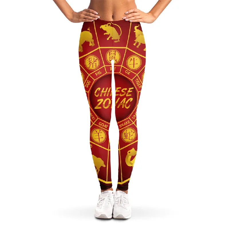 Discount Days Red And Yellow Chinese Zodiac Print Women's Leggings