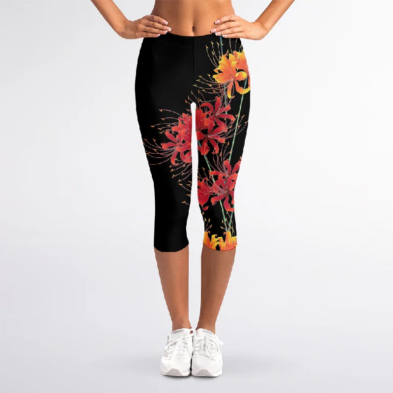 Limited Time Offer Red And Yellow Japanese Amaryllis Print Women's Capri Leggings