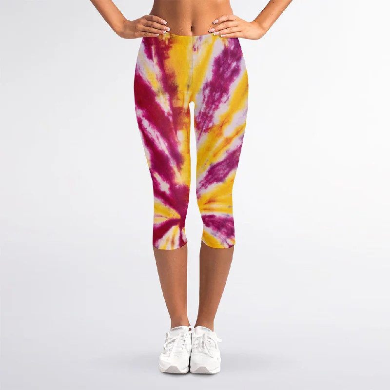 Stock Up and Save Red And Yellow Spider Tie Dye Print Women's Capri Leggings