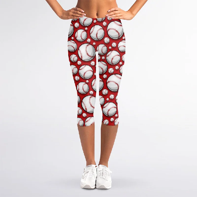 Price Rollback Red Baseball Pattern Print Women's Capri Leggings