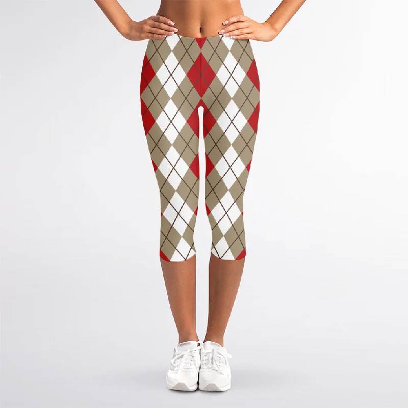 Super Sale Red Beige And White Argyle Pattern Print Women's Capri Leggings