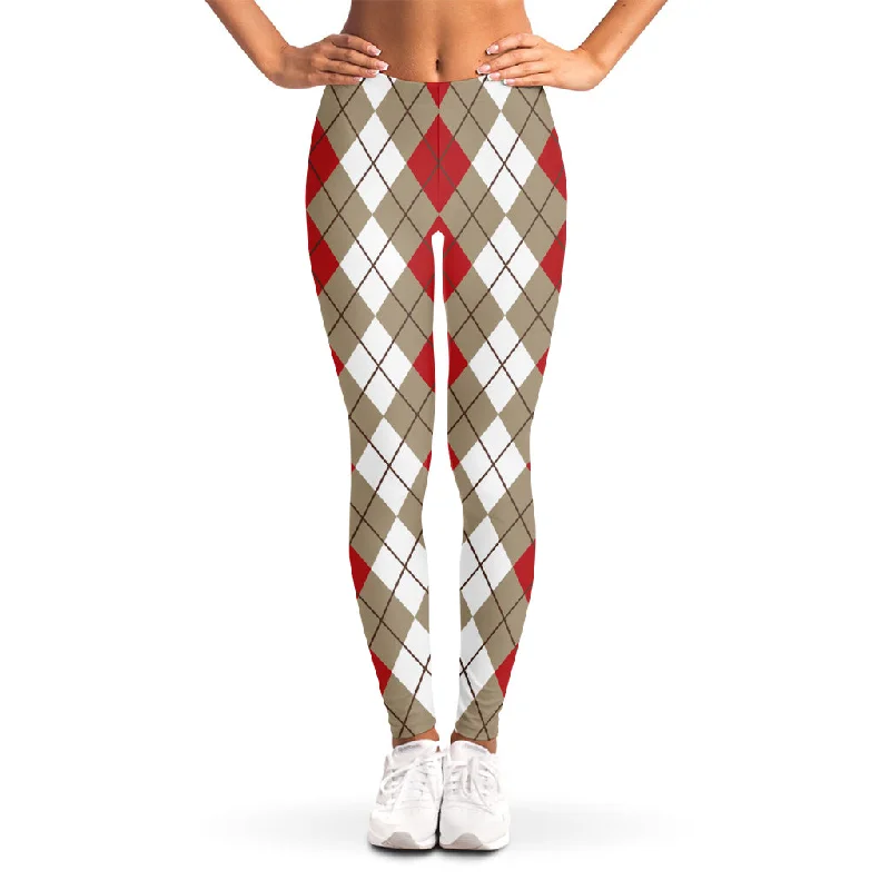 Loyalty Reward Red Beige And White Argyle Pattern Print Women's Leggings