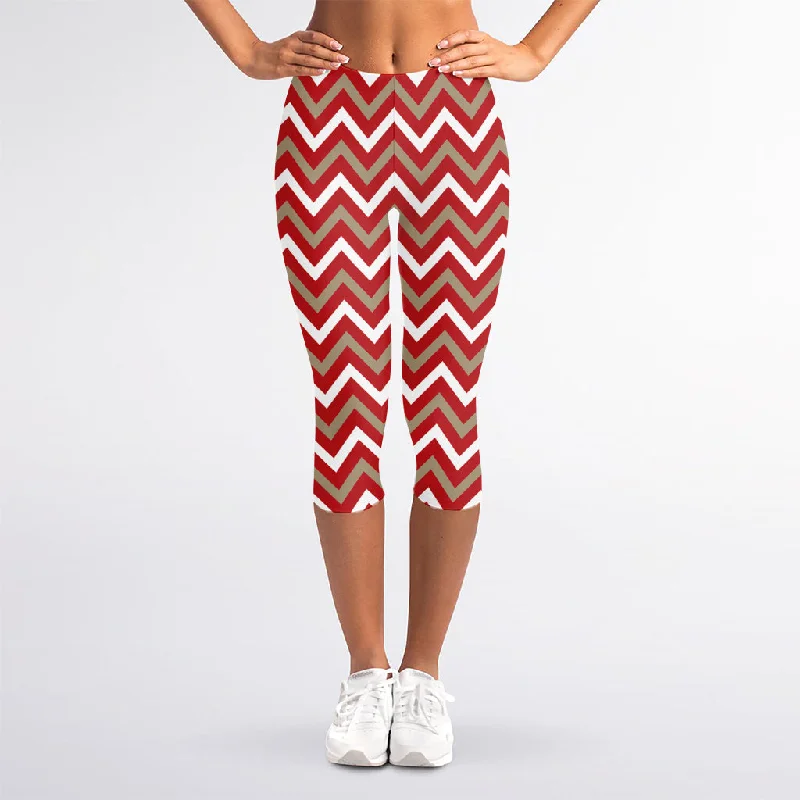 Today’s Deal Red Beige And White Chevron Print Women's Capri Leggings