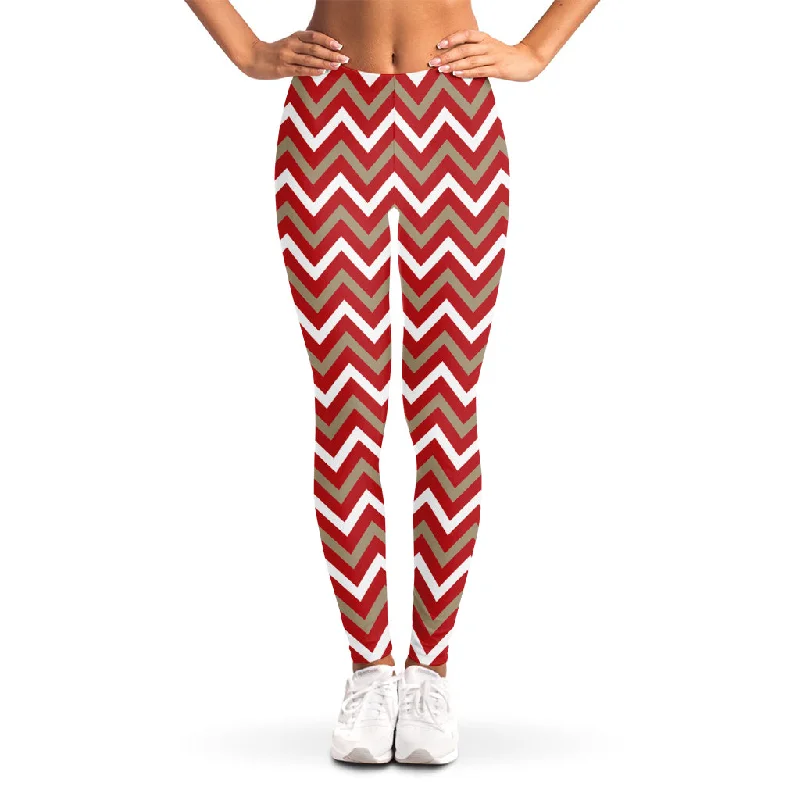 Price Slash Red Beige And White Chevron Print Women's Leggings