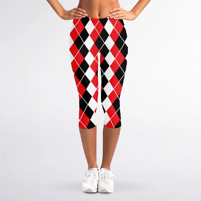 Stock Clearance Red Black And White Argyle Print Women's Capri Leggings