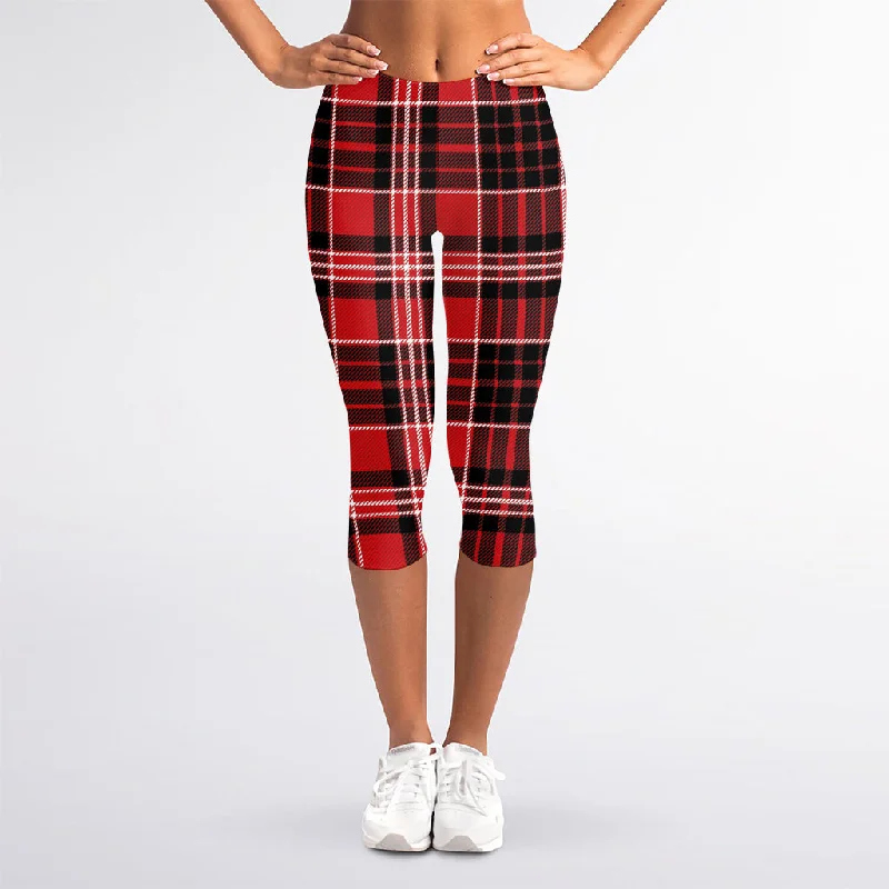 Hurry In Red Black And White Scottish Plaid Print Women's Capri Leggings