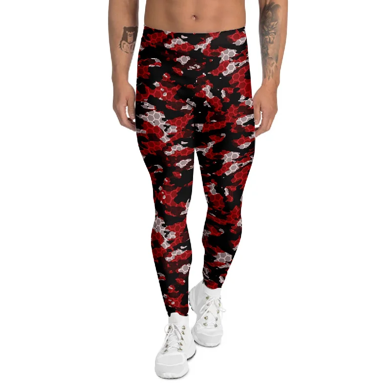 Lowest Price Red Black Hi Tech Camo Hexagonal Grid Print Pattern Men's Leggings
