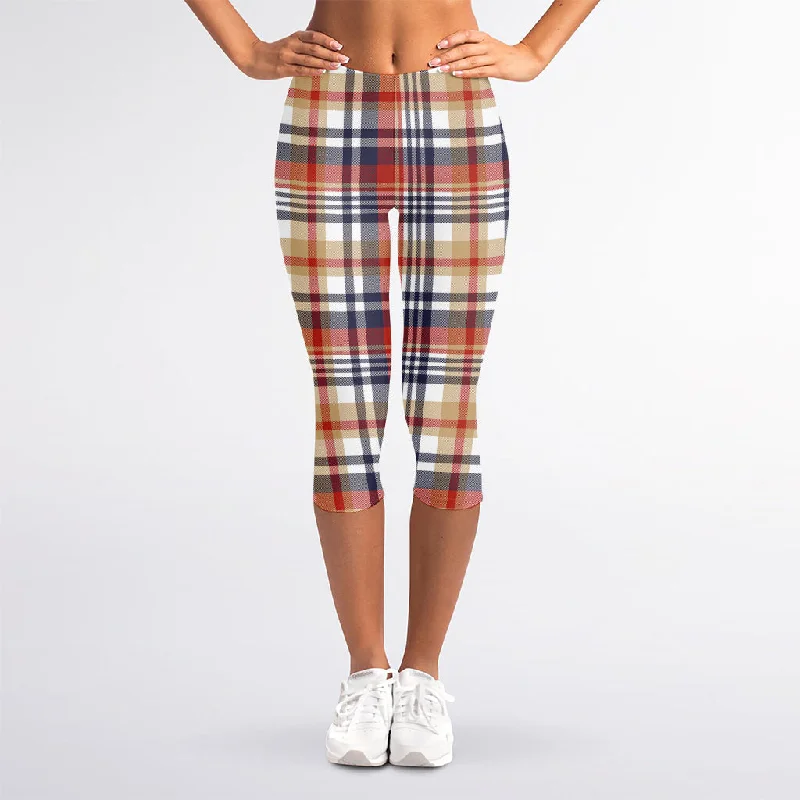 Final Markdown Red Blue And Beige Madras Plaid Print Women's Capri Leggings