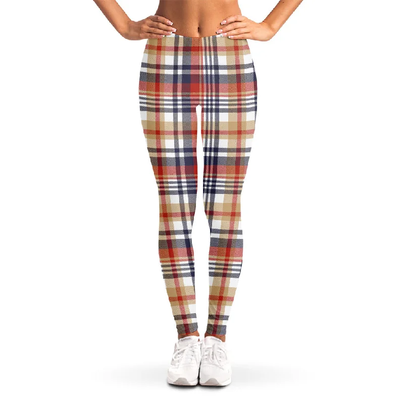 Early Bird Discount Red Blue And Beige Madras Plaid Print Women's Leggings