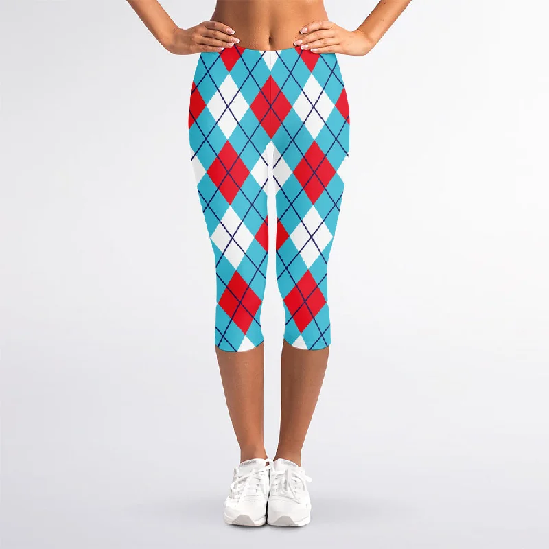 Extra Savings Red Blue And White Argyle Pattern Print Women's Capri Leggings