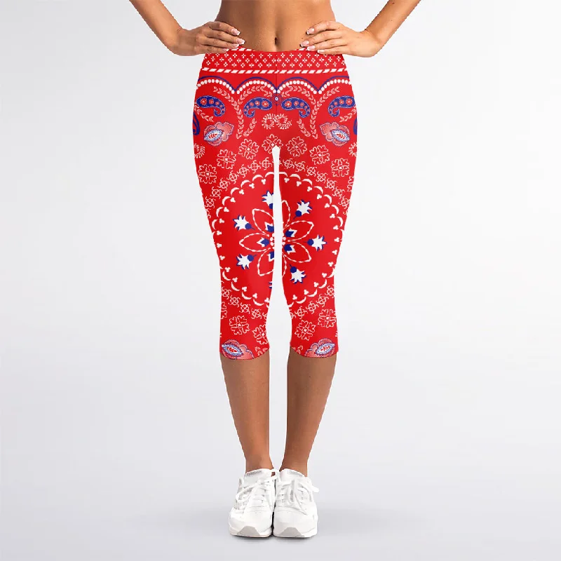 Discount Deals Red Blue And White Bandana Print Women's Capri Leggings