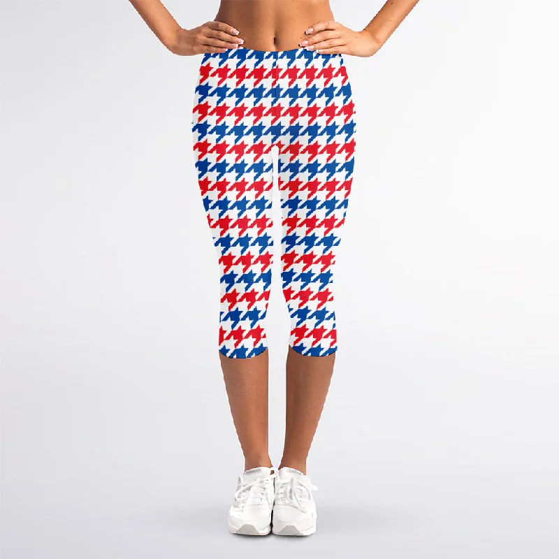 Bargain Prices Red Blue And White Houndstooth Print Women's Capri Leggings