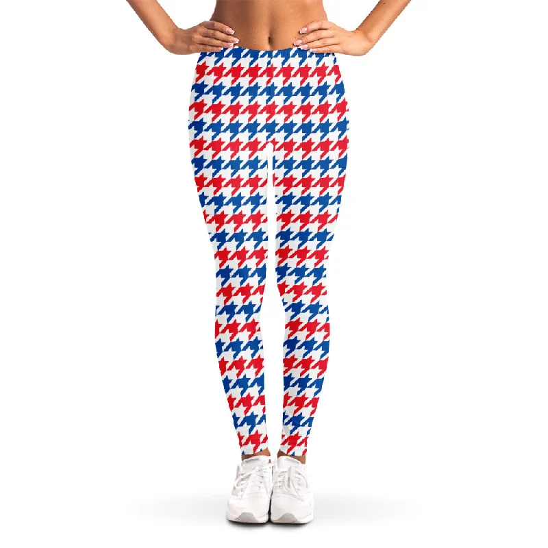 Seasonal Sale Red Blue And White Houndstooth Print Women's Leggings