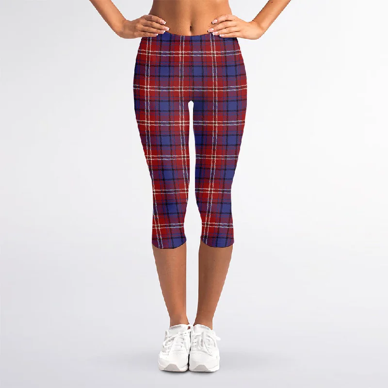 Early Access Red Blue And White Tartan Pattern Print Women's Capri Leggings