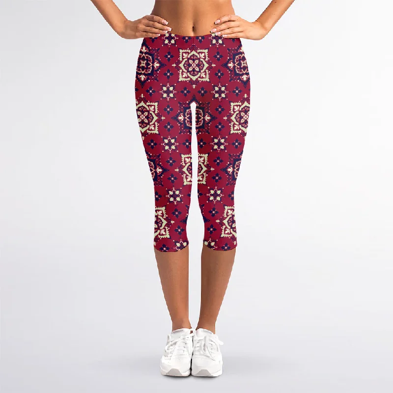 Daily Deals Red Boho Flower Pattern Print Women's Capri Leggings