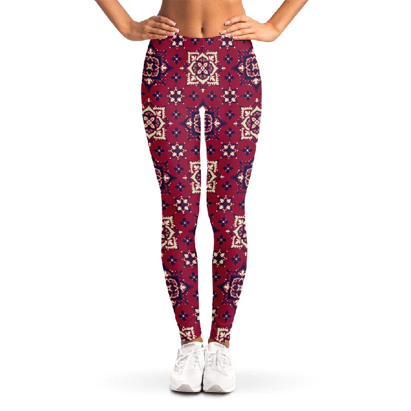 Time-Limited Offer Red Boho Flower Pattern Print Women's Leggings