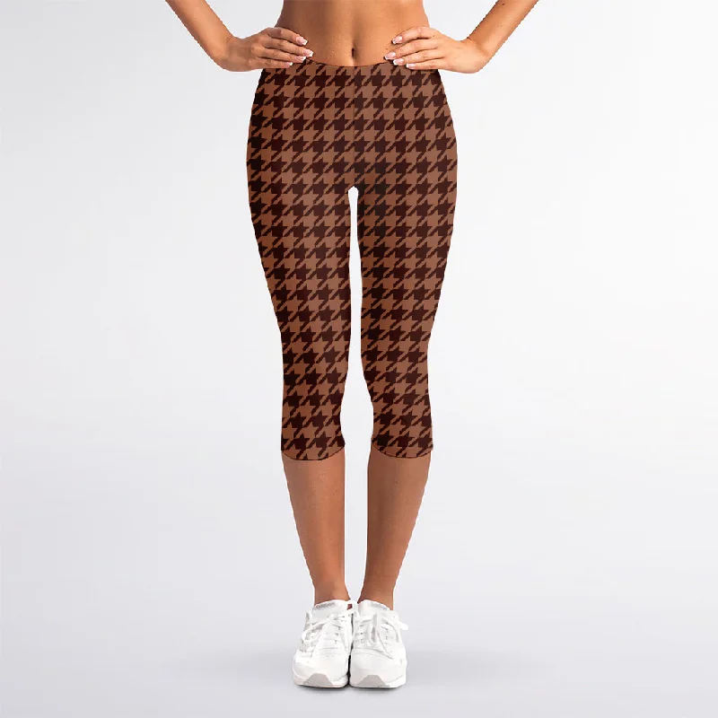 Special Savings Red Brown Houndstooth Pattern Print Women's Capri Leggings