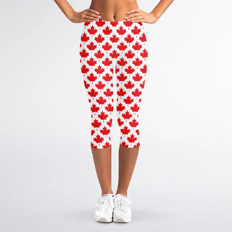 Incredible Offers Red Canadian Maple Leaf Pattern Print Women's Capri Leggings