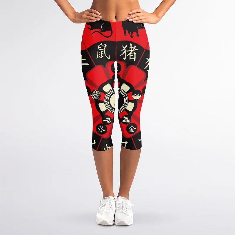 Best Deals Red Chinese Zodiac Wheel Print Women's Capri Leggings