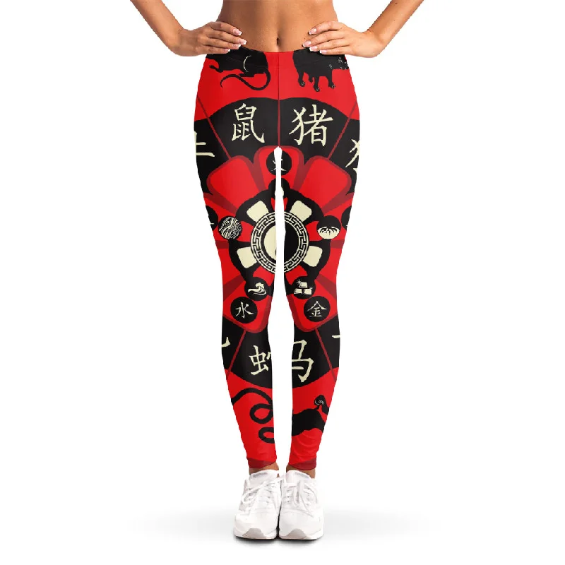 Quick Sale Red Chinese Zodiac Wheel Print Women's Leggings
