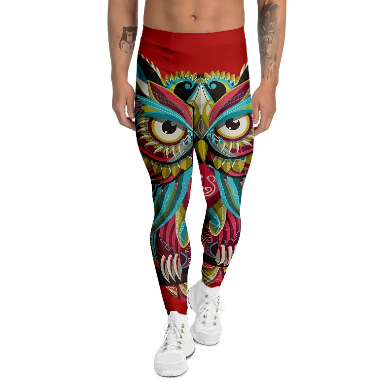 Discount Deals Red Colorful Owl Print Men's Leggings