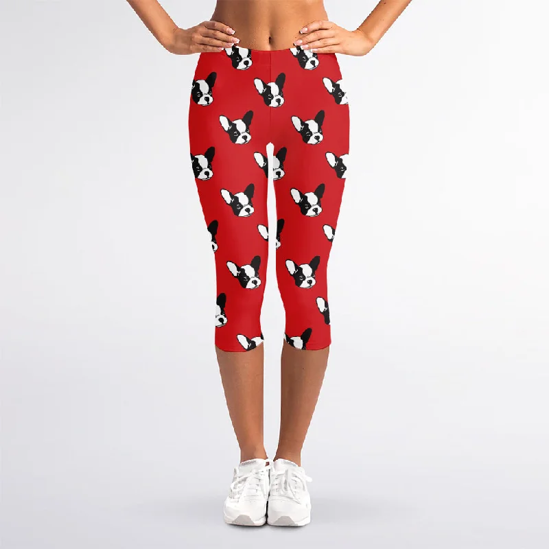 Super Sale Red French Bulldog Pattern Print Women's Capri Leggings