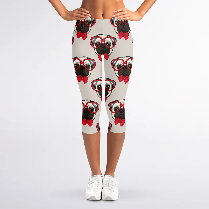 Now or Never Red Glasses Pug Pattern Print Women's Capri Leggings