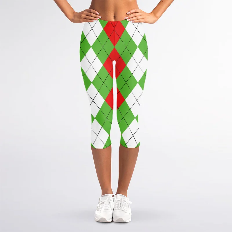 Midnight Madness Red Green And White Argyle Pattern Print Women's Capri Leggings