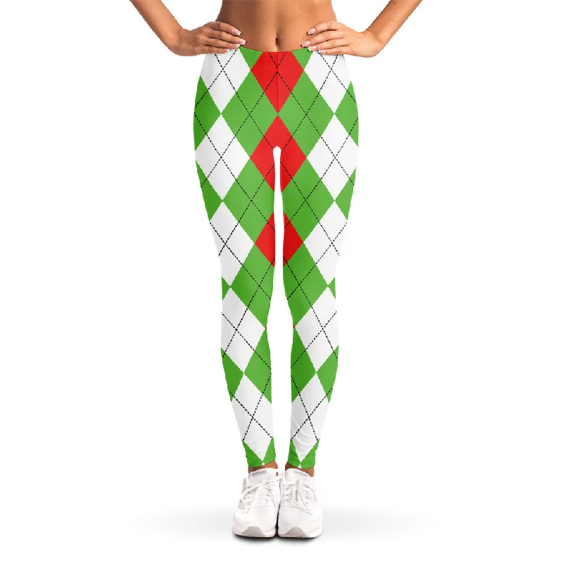Deal Dash Red Green And White Argyle Pattern Print Women's Leggings
