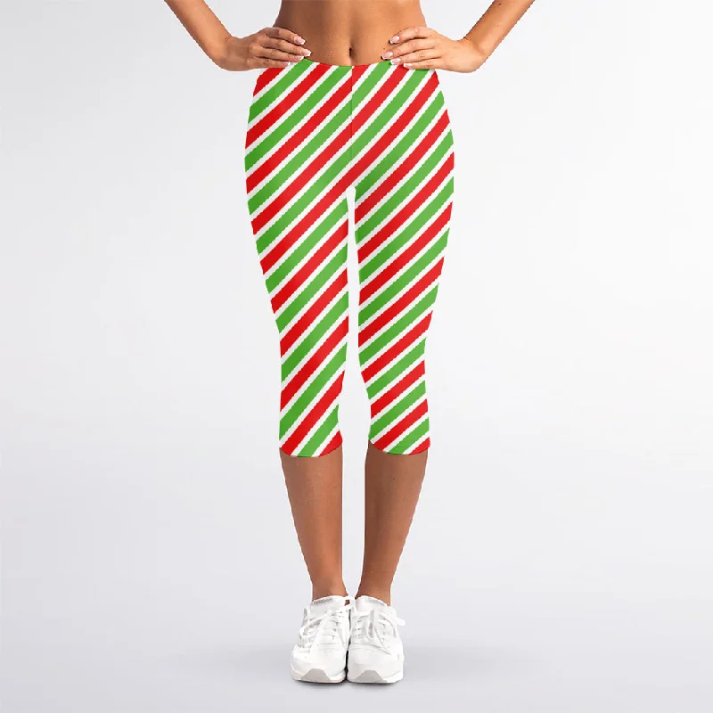 Price Rollback Red Green And White Candy Cane Print Women's Capri Leggings