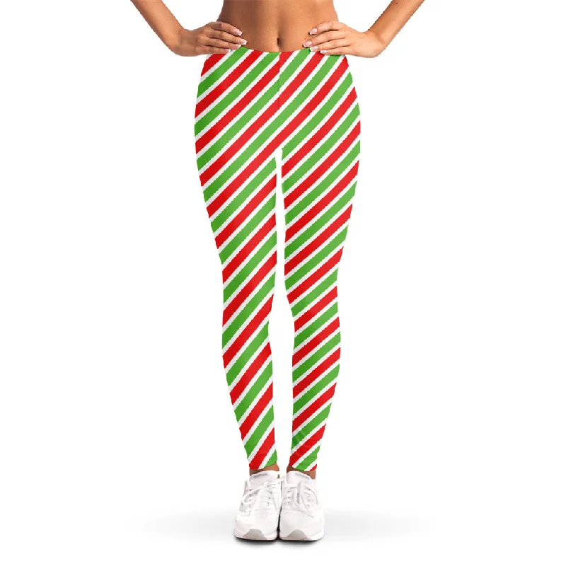 Price Drop Red Green And White Candy Cane Print Women's Leggings