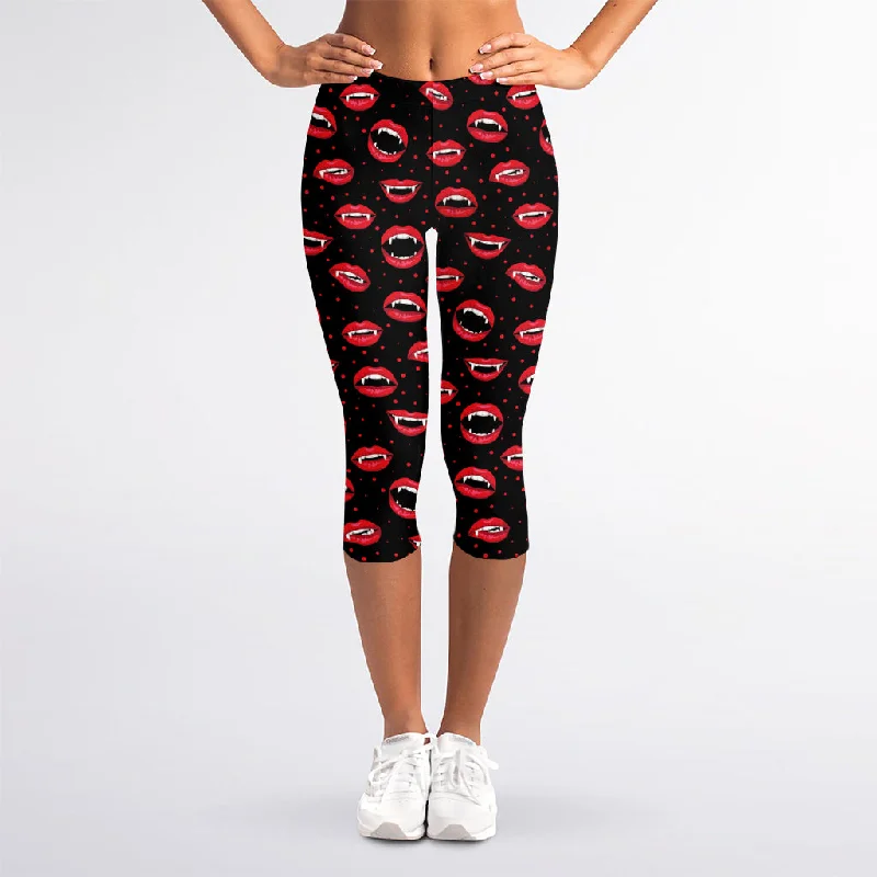Low Prices Red Halloween Vampire Lips Pattern Print Women's Capri Leggings