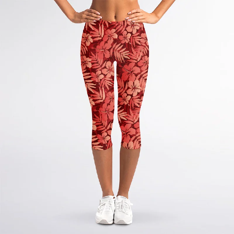 Daily Deals Red Hawaiian Tropical Pattern Print Women's Capri Leggings