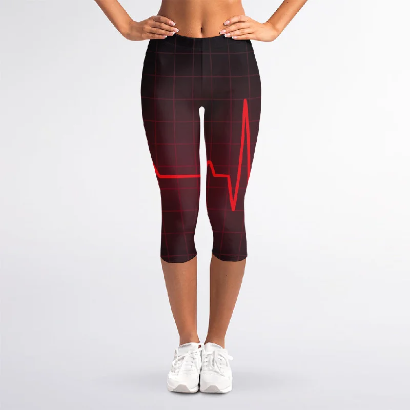 Discount Deals Red Heartbeat Print Women's Capri Leggings