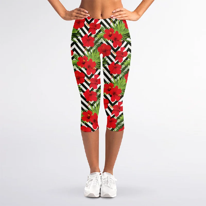 Discount Days Red Hibiscus Chevron Pattern Print Women's Capri Leggings