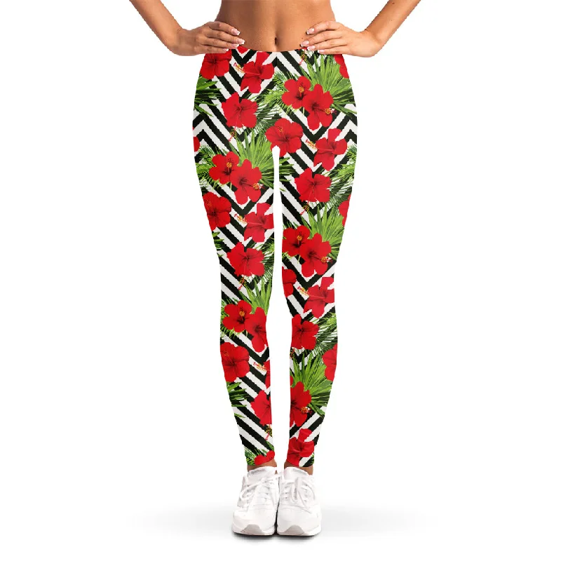 Discount Mania Red Hibiscus Chevron Pattern Print Women's Leggings