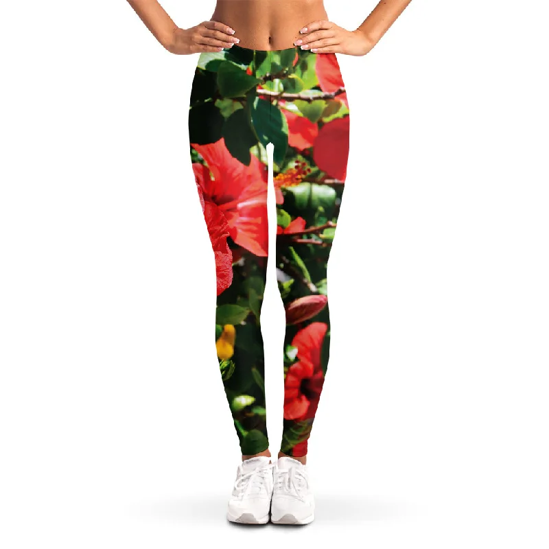 Daily Specials Red Hibiscus Flowers Print Women's Leggings