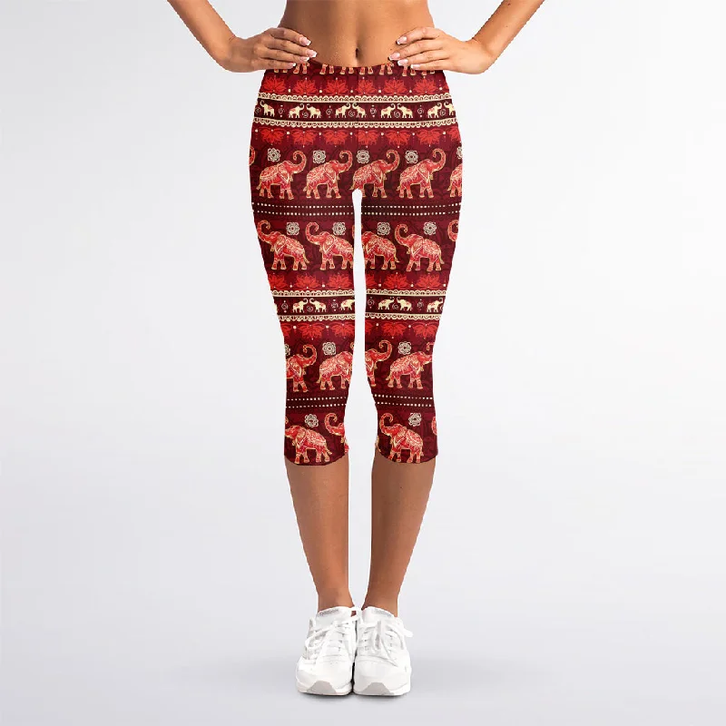Best Bargains Red Indian Elephant Pattern Print Women's Capri Leggings