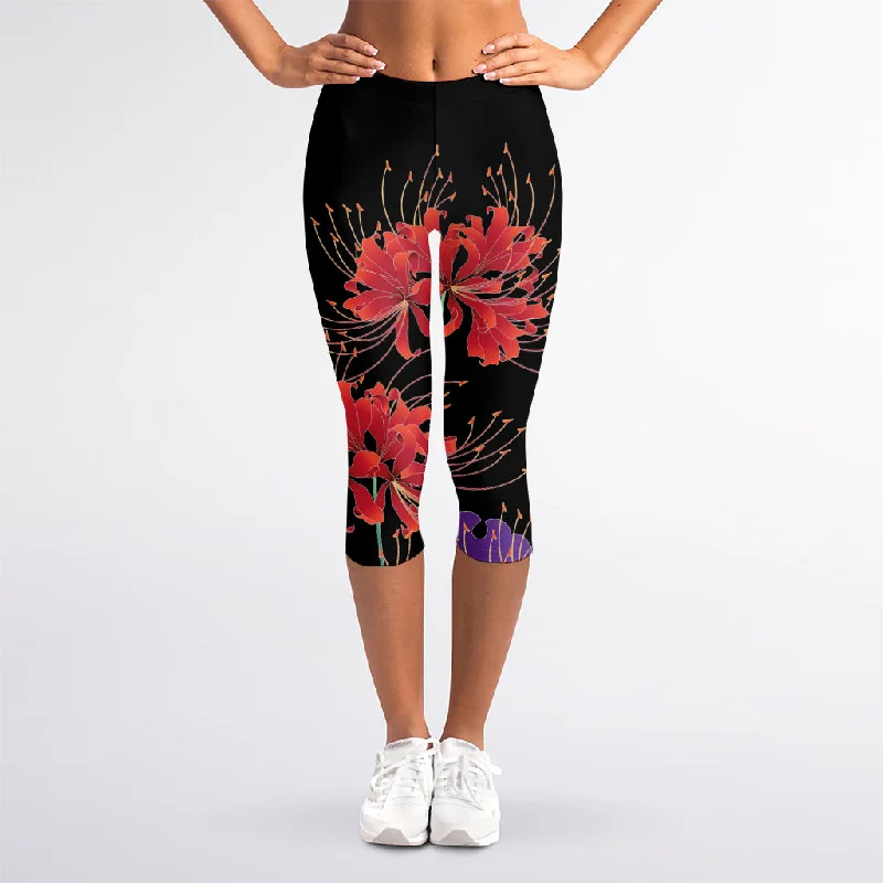 Amazing Deals Red Japanese Amaryllis Pattern Print Women's Capri Leggings