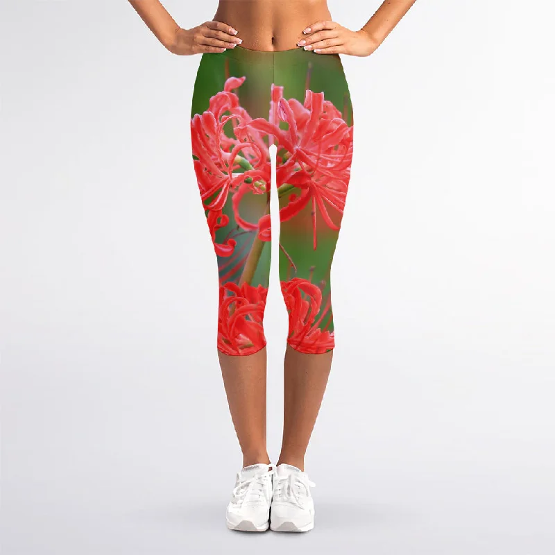 Closeout Sale Red Japanese Amaryllis Print Women's Capri Leggings