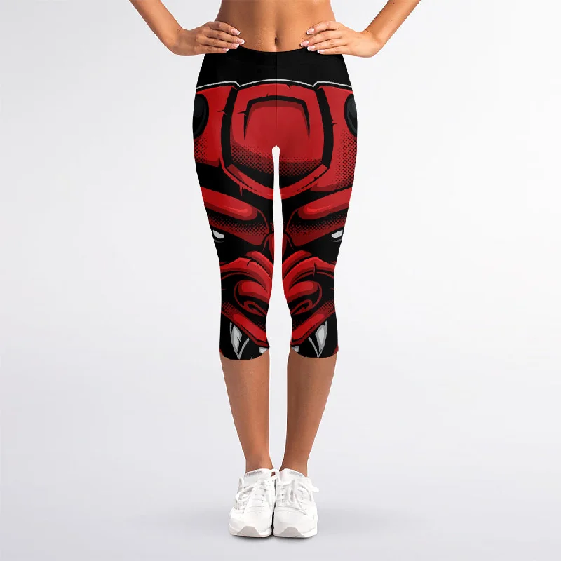 Deal Alert Red Japanese Demon Mask Print Women's Capri Leggings