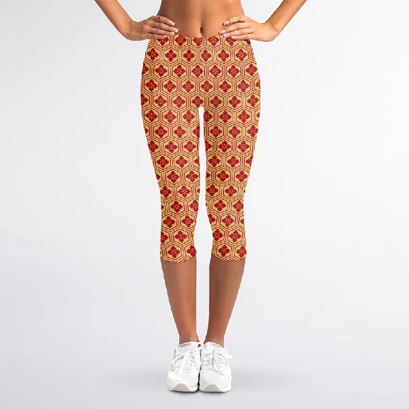Factory Direct Sale Red Japanese Flower Pattern Print Women's Capri Leggings