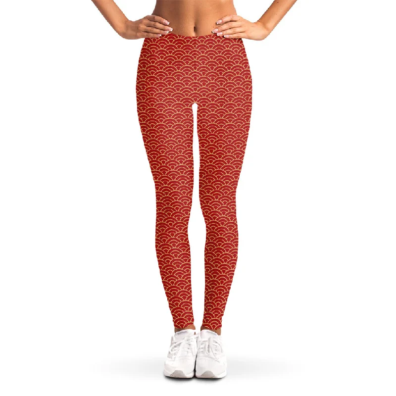 Steals and Deals Red Japanese Wave Pattern Print Women's Leggings
